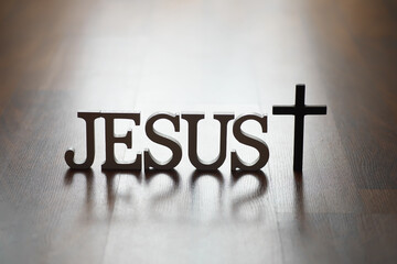 Jesus Sign with Wooden Cross on Floor - Religious Symbol, Christianity, Faith, Spirituality, Wood...