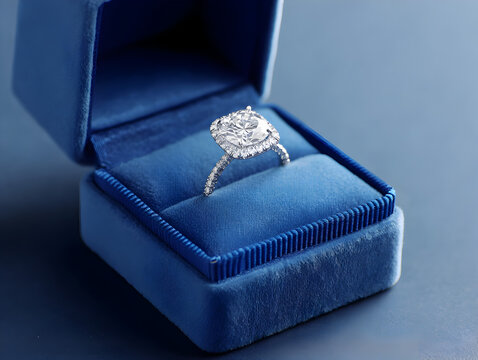 Elegant diamond engagement ring in luxury blue velvet box, fine jewelry closeup - Powered by Adobe