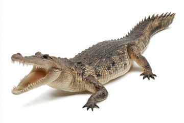 Naklejka premium A crocodile in a dynamic, low-angle pose, mouth wide open in a defensive or aggressive expression. for wildlife education, conservation awareness, or high-impact editorial visuals.