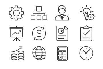 Icons representing business concepts related to management, finance, and productivity