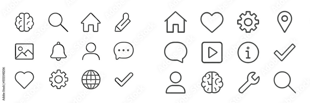 Poster variety of simple line icons representing concepts and functions commonly found in digital interface