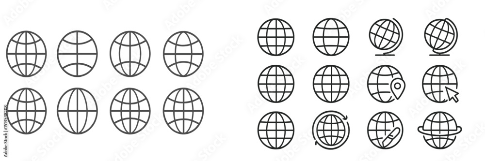 Poster collection of minimalistic globe icons representing global connectivity in various styles and orient