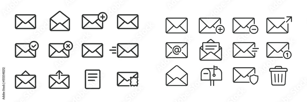 Poster email icons collection illustrating various actions and statuses of messages in digital communicatio