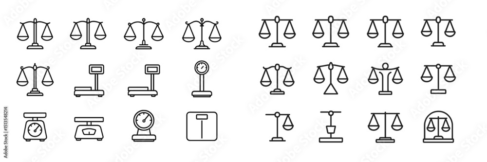 Poster collection of balanced scales and measuring instruments in minimalistic line art style