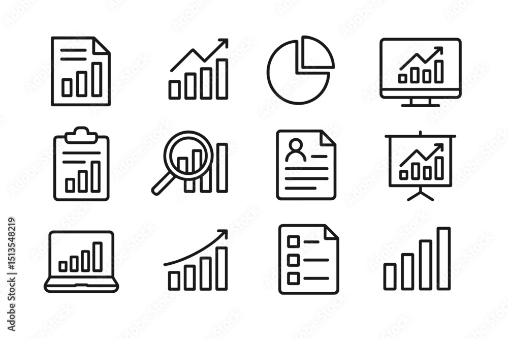 Poster collection of business growth icons illustrating analytics concepts and data visualization technique