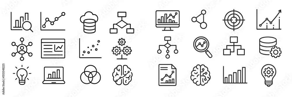 Poster visual representation of data analysis concepts with icons showcasing graphs, networks, and brainsto