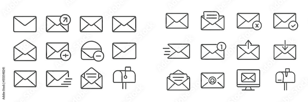 Poster envelope icons representing various email actions and communication methods displayed in a minimalis