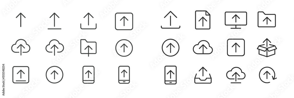Aufkleber collection of upload icons representing various formats and devices for file transfer and data shari