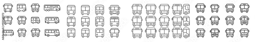 Poster collection of various bus and van outlines in simple design format showcasing transportation concept