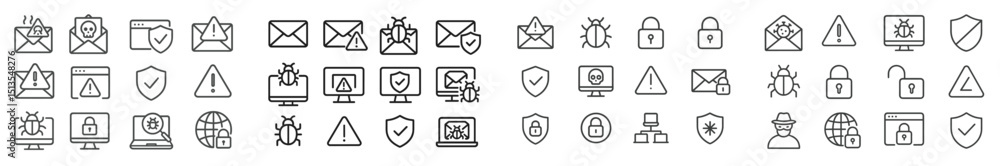 Poster collection of various icons illustrating communication and digital security concepts in a minimalist