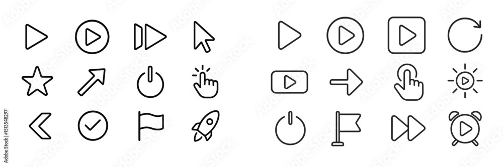 Poster collection of diverse multimedia icons in minimalist design with clickable elements for user interfa