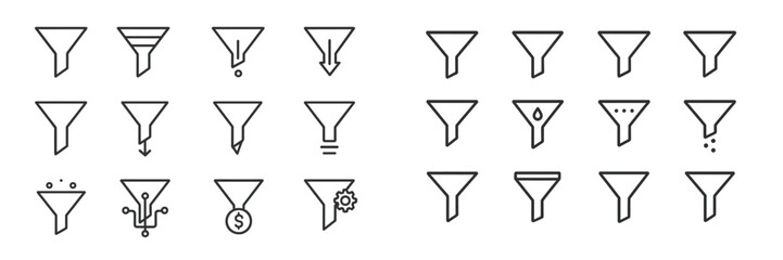 Various funnel icons illustrating shapes and designs for digital marketing and data analysis purposes in a modern style
