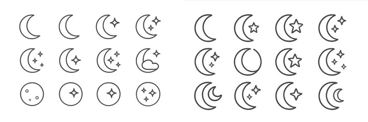 Variety of moon and star icons displayed in intricate designs on a clean background