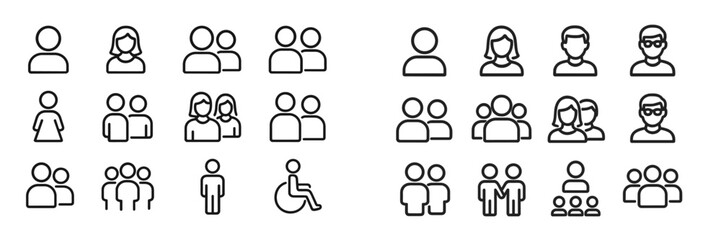 Different representations of people in line icons showcasing diverse activities and interactions in various social settings