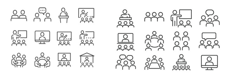 Various icons representing different types of meetings, presentations, and collaborative activities in a corporate setting