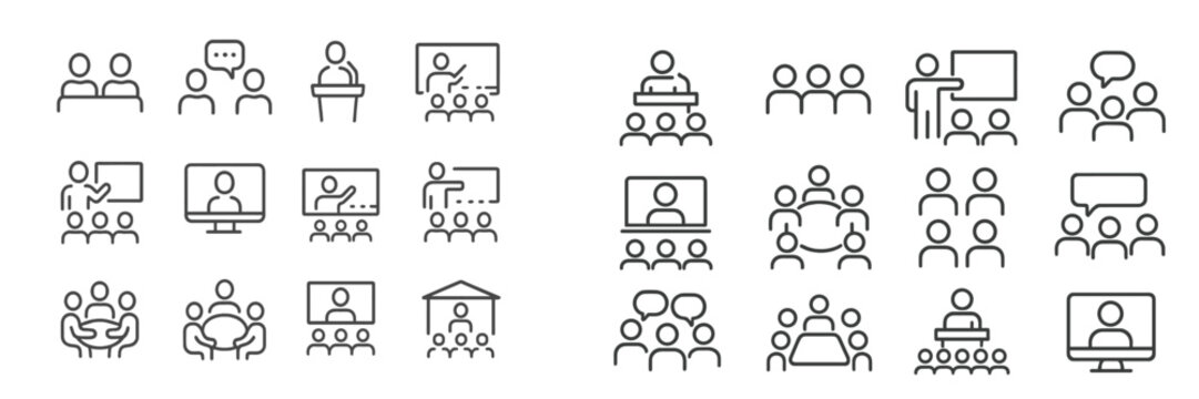 Various icons representing different types of meetings, presentations, and collaborative activities in a corporate setting