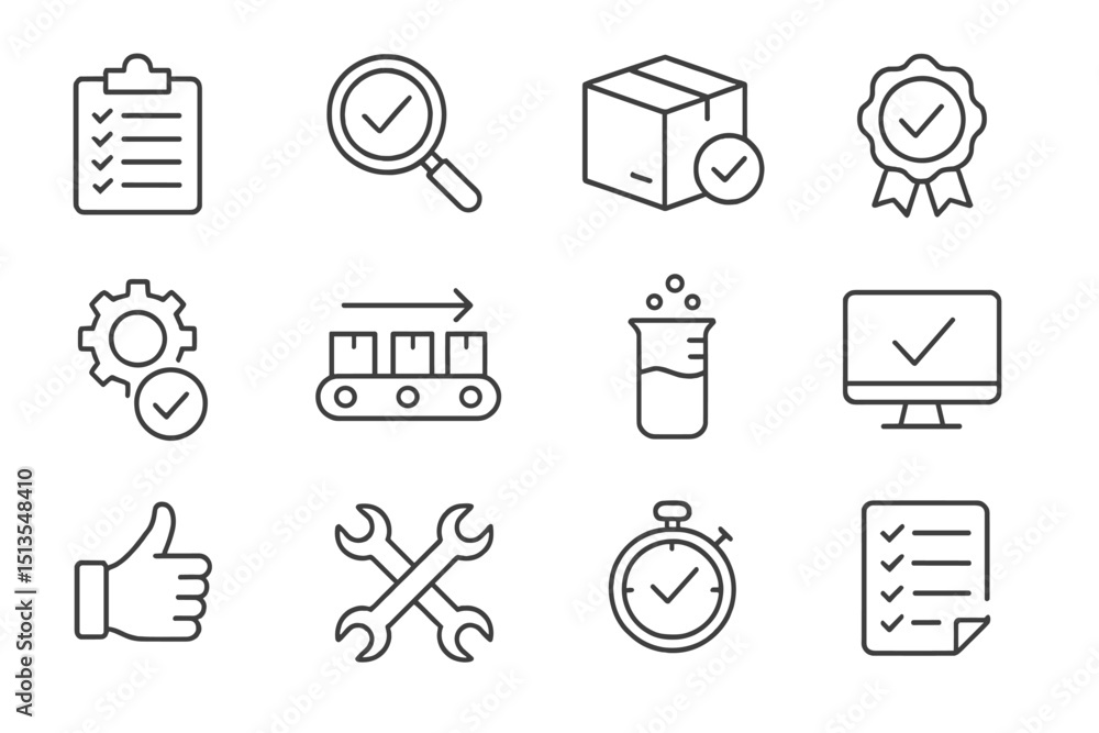 Aufkleber symbols and icons representing quality control and inspection processes in various industries