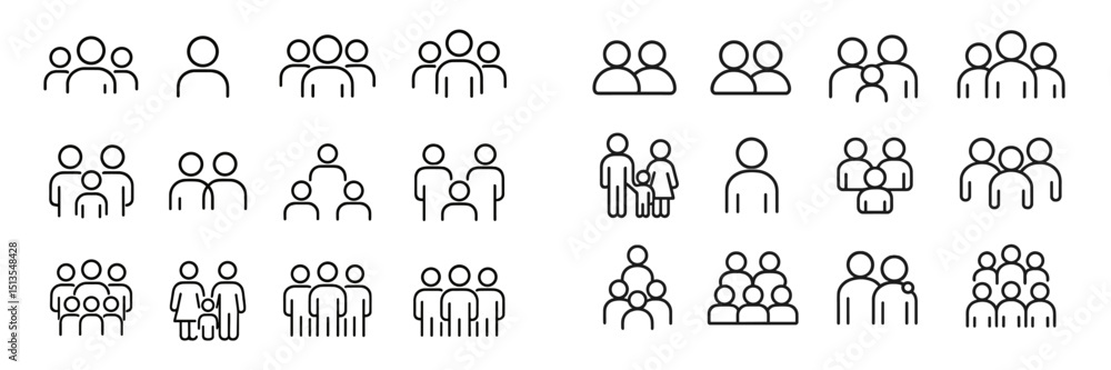Poster collection of simple line icons representing groups of people interacting in various settings and sc