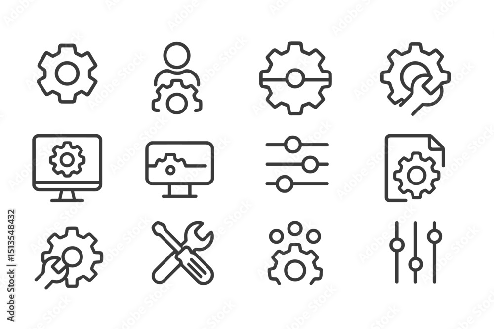 Poster set of line icons representing various gear and settings concepts for technology and engineering app