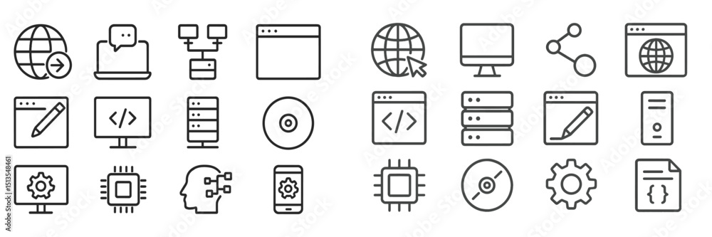 Aufkleber various technology icons representing digital communication, computing, and data management on a min