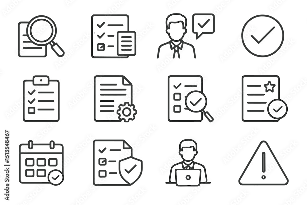 Poster collection of digital icons representing tasks, checklists, and organizational concepts in a minimal
