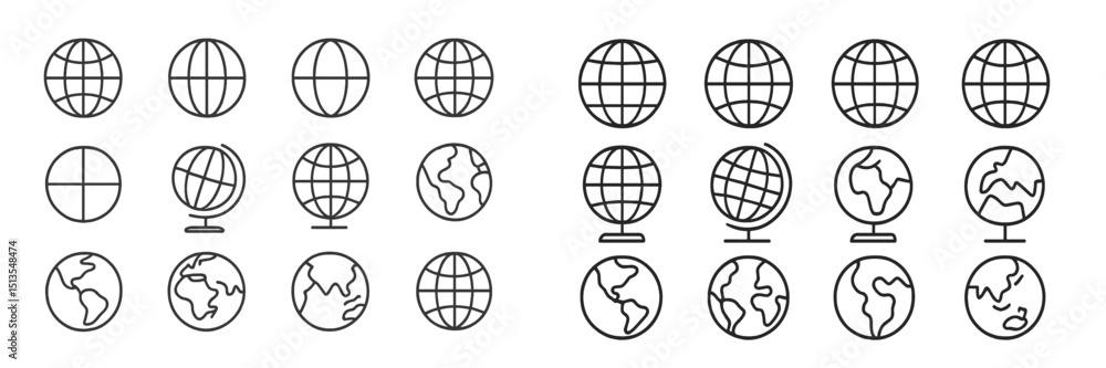 Poster diverse representations of globes and maps illustrating geography concepts in a minimalistic style