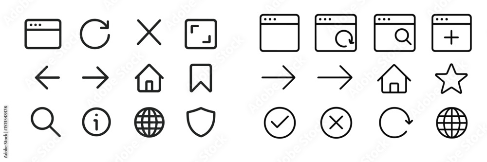 Poster collection of minimalist web interface icons for navigation and user actions presented in black and 