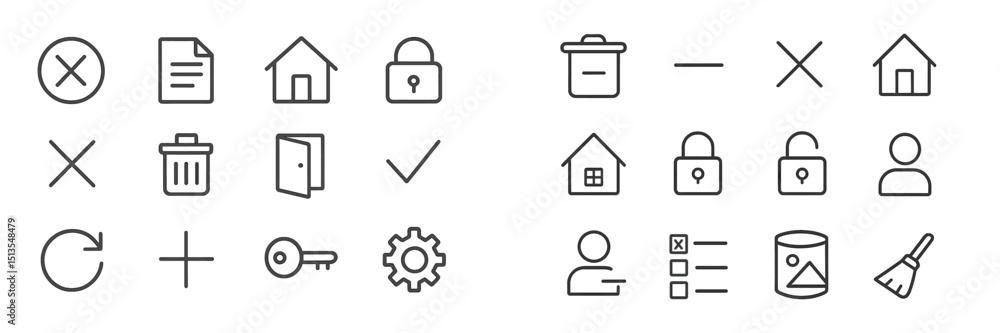 Poster simple line icons representing various user interface actions and concepts in modern digital design