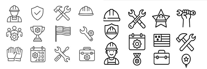 Construction and teamwork icons showcasing tools and safety gear in a minimalistic design for industrial and teamwork applications