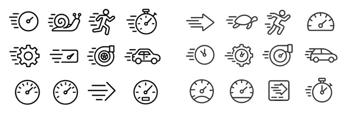 Icons representing speed concepts with various symbols related to time, movement, and efficiency displayed on a clean background