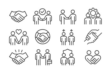 Symbols representing teamwork and collaboration with handshakes illustrating partnership and mutual agreement
