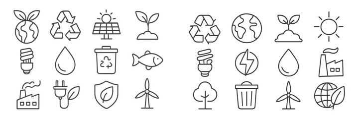 Collection of eco-friendly and sustainability icons depicting renewable energy, recycling, and environmental conservation symbols