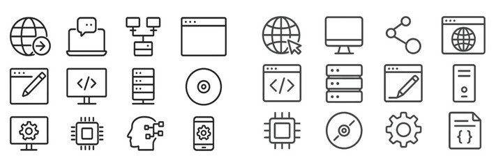 Various technology icons representing digital communication, computing, and data management on a minimalist background