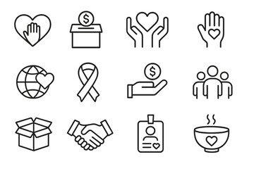 Symbols of charity and community service promote donations and support during fundraising efforts in a unified visual style