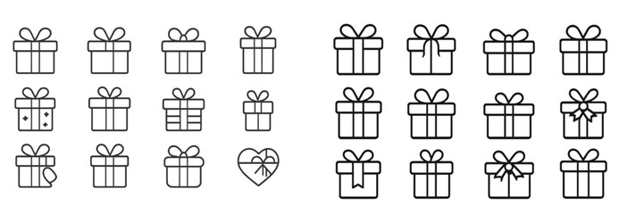 Collection of various gift box designs featuring bows, ribbons, and decorations for celebrations and special occasions