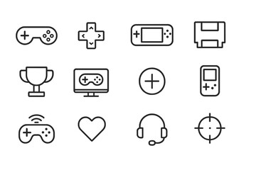 Collection of gaming icons featuring controllers, devices, and trophies in black and white design