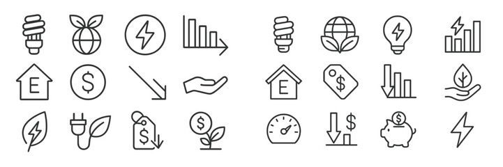 Energy symbols and icons representing sustainability, savings, and consumption trends in a minimalist design layout