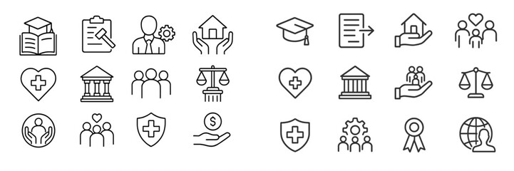 Graphic symbols representing various sectors such as education, healthcare, and community services in a cohesive layout