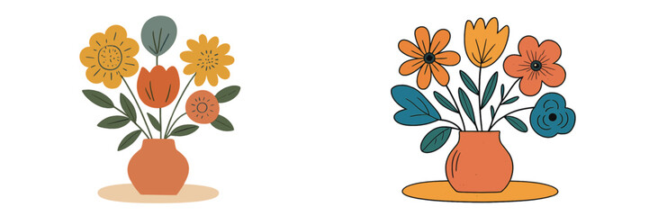 Colorful flower arrangements in vases displayed with artistic designs and vibrant colors