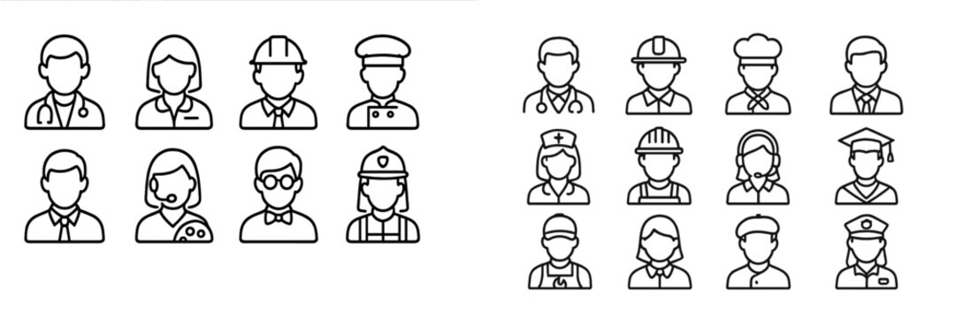 Collection of diverse profession icons representing various careers in a simple outline style