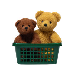 Two cute teddy bears, one brown and one yellow, sitting together in a green woven basket, isolated on a white background.