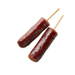 Two delicious corn dogs on wooden sticks, perfect for street food lovers and snack enthusiasts. Ideal for food photography and culinary presentations.