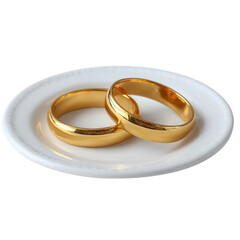 Two elegant gold wedding rings resting on a white plate, symbolizing love and commitment. Perfect for wedding themes, engagements, and romantic celebrations.