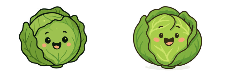 Cute cartoon cabbages with smiling faces in a colorful, playful style on a white background