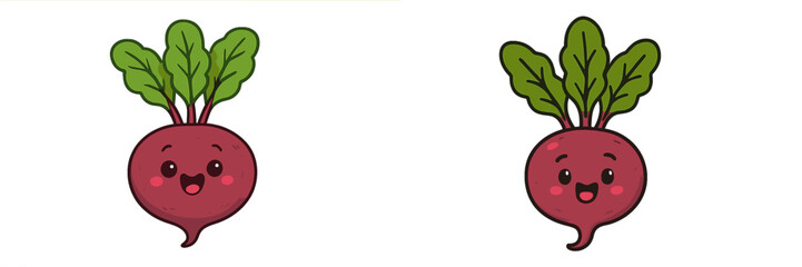Cute cartoon radishes with happy faces and green leaves on a white background showcasing joyful vegetable characters