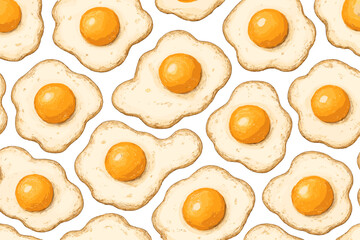 Abstract pattern of fried eggs on a white background showcases playful food art ideal for kitchen decor