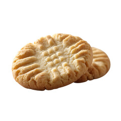 Two freshly baked peanut butter cookies stacked on top of each other, showcasing their golden-brown color and unique crisscross pattern on the surface, against a white background.