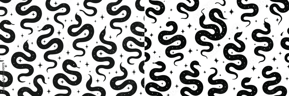 Poster intricate black and white snake pattern with stars creating an elegant and playful design ideal for 