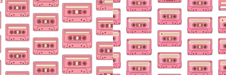 Obraz premium Colorful pink cassette tapes create a vibrant retro pattern suitable for various creative projects