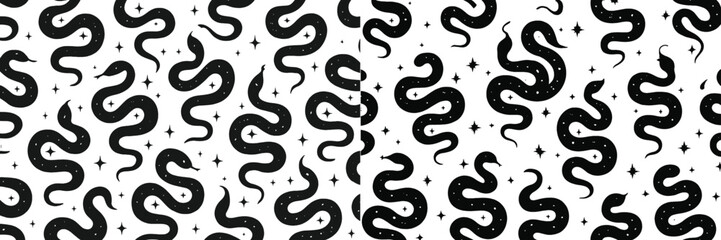 Intricate black and white snake pattern with stars creating an elegant and playful design ideal for textiles or backgrounds
